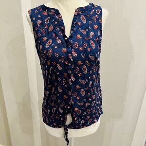 Lucky Brand Women Top XS Blue Paisley Boho Peasant Sleeveless Tie Waist Sheer